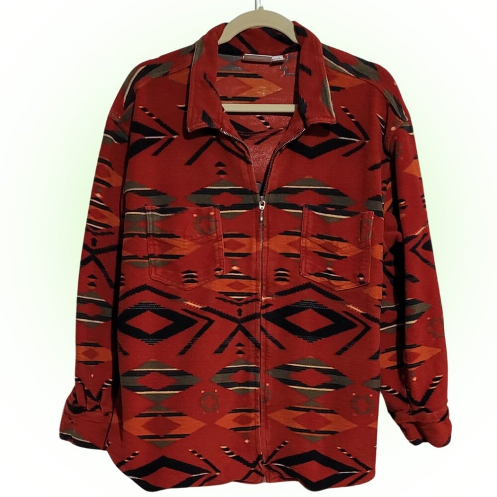 SOFT & COZY CHICO'S VTG TRIBAL RED ZIP-UP COTTON SHIRT JACKET EUC SIZE 2 2X
